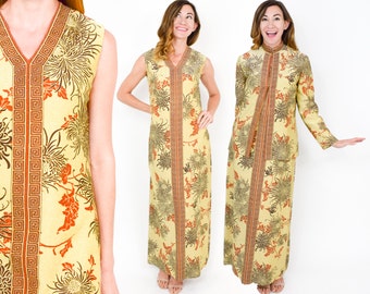 Shaheen | 1970s Gold Metallic Maxi Dress & Matching Coat | 70s Gold Floral Screen Print Maxi Set | Alfred Shaheen | Medium