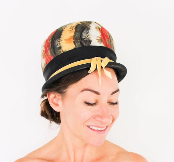 1960s Feather Hat | 60s High Crown Hat | Mod Hat … - image 1