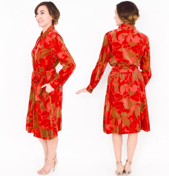 1950s Red Velvet Dress | 50s Red Floral Print Dre… - image 3