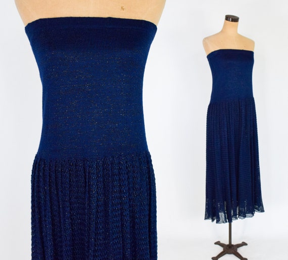 1980s Navy Knit Strapless Maxi Dress | 80s Navy C… - image 2