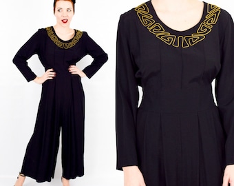 1990s Black Rayon Jumpsuit | Vintage Black Wide Leg Jumpsuit | Anthony Mark Hawkins, Medium