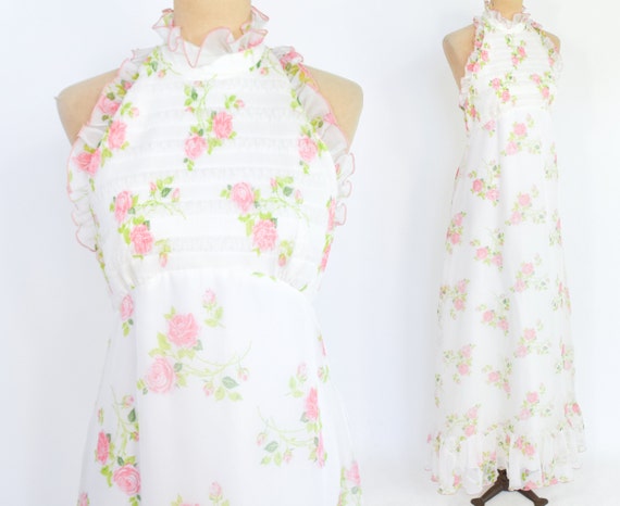 1960s White Floral Maxi Dress | 60s Pink & White … - image 1