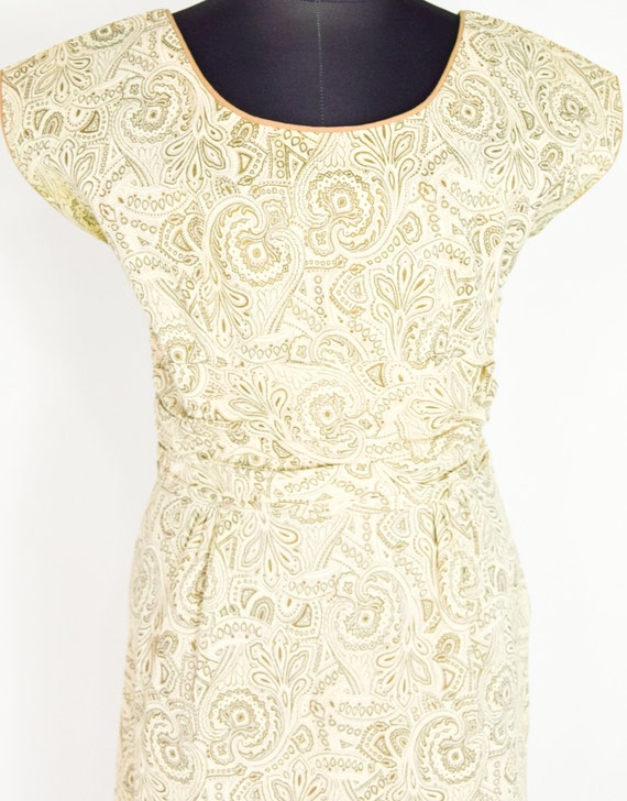 1950s Creme Cotton Print Dress | 50s Creme & Gold… - image 8