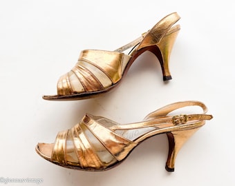 1950s  Gold Leather Heels | Vintage Gold Sling Back Heels, Size 7.5