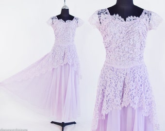 1950s Lavender Lace Prom Dress | 50s Pale Purple Long Lace Evening Gown | X Small