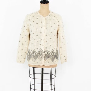 1960s Creme Beaded Cardigan 60s White Mohair Wool Knit Sweater Jacket Beaded Cardigan Hong Kong Medium image 4