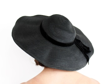 1940s Black Wide Brim Hat | 40s Black Saucer Hat | Black Scalloped Brim | Old Hollywood | Mary K