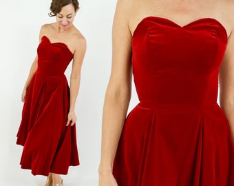 1950s Red Velvet Evening  Dress | 50s Red Velvet Strapless Gown | Old Hollywood |  Ruth Cole Nash | X Small