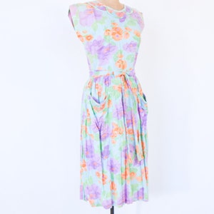 1950s Lavender Floral Cotton Dress 50s Flowered Wrap Dress Wrap Dress Rockabilly Medium image 5