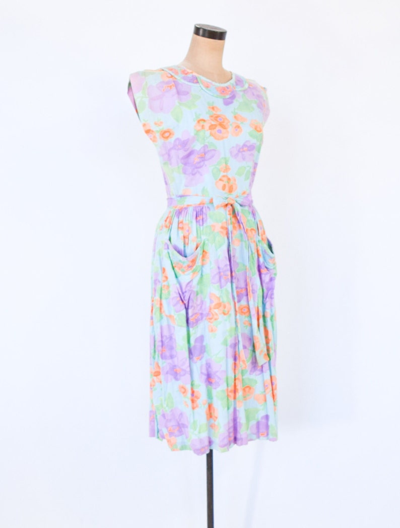 1950s Lavender Floral Cotton Dress 50s Flowered Wrap Dress Wrap Dress Rockabilly Medium image 5