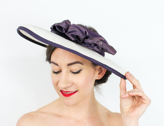 1940s White Straw Wide Brim Hat | 40s White Navy-P