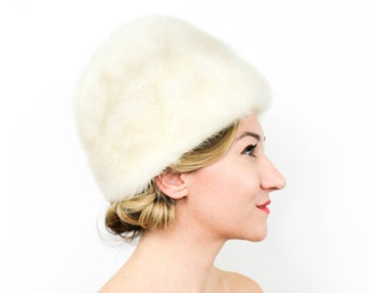 1960s Ivory Fur Hat | 60s White Mink Fur Hat | High Crown Mink Hat