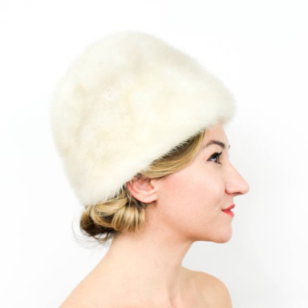 1960s Ivory Fur Hat | 60s White Mink Fur Hat | High Crown Mink Hat