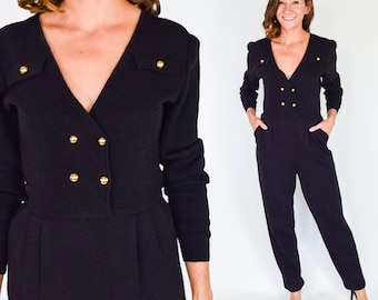 1980s Black Knit Jumpsuit | Vintage Black Double-knit Jumpsuit | Pat Sandler, Medium