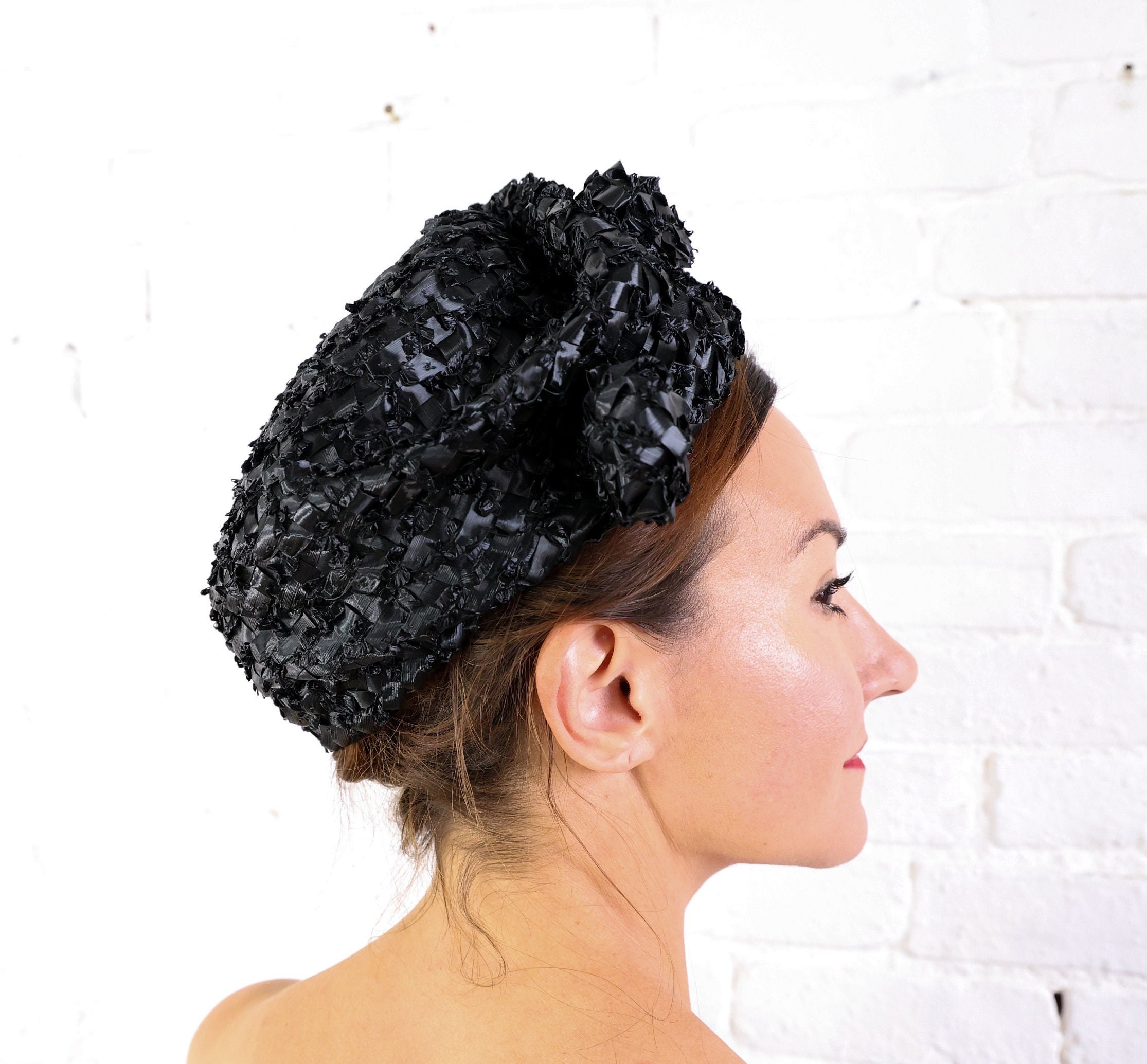 Vintage Black Pillbox Cocktail Hat Satin Trim Woven Formal Church Jackie O Style Jackie O Pillbox Hat - Etsy main image 4