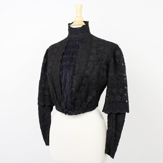 1900s Black Victorian Blouse | Black Silk & Lace V
