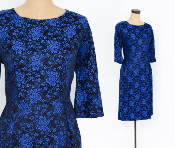 1950s Royal Blue Brocade Dress | 50s Navy Brocade… - image 1