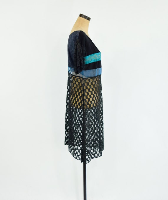 1990s Black & Blue Lace Dress | 90s Black Striped… - image 4