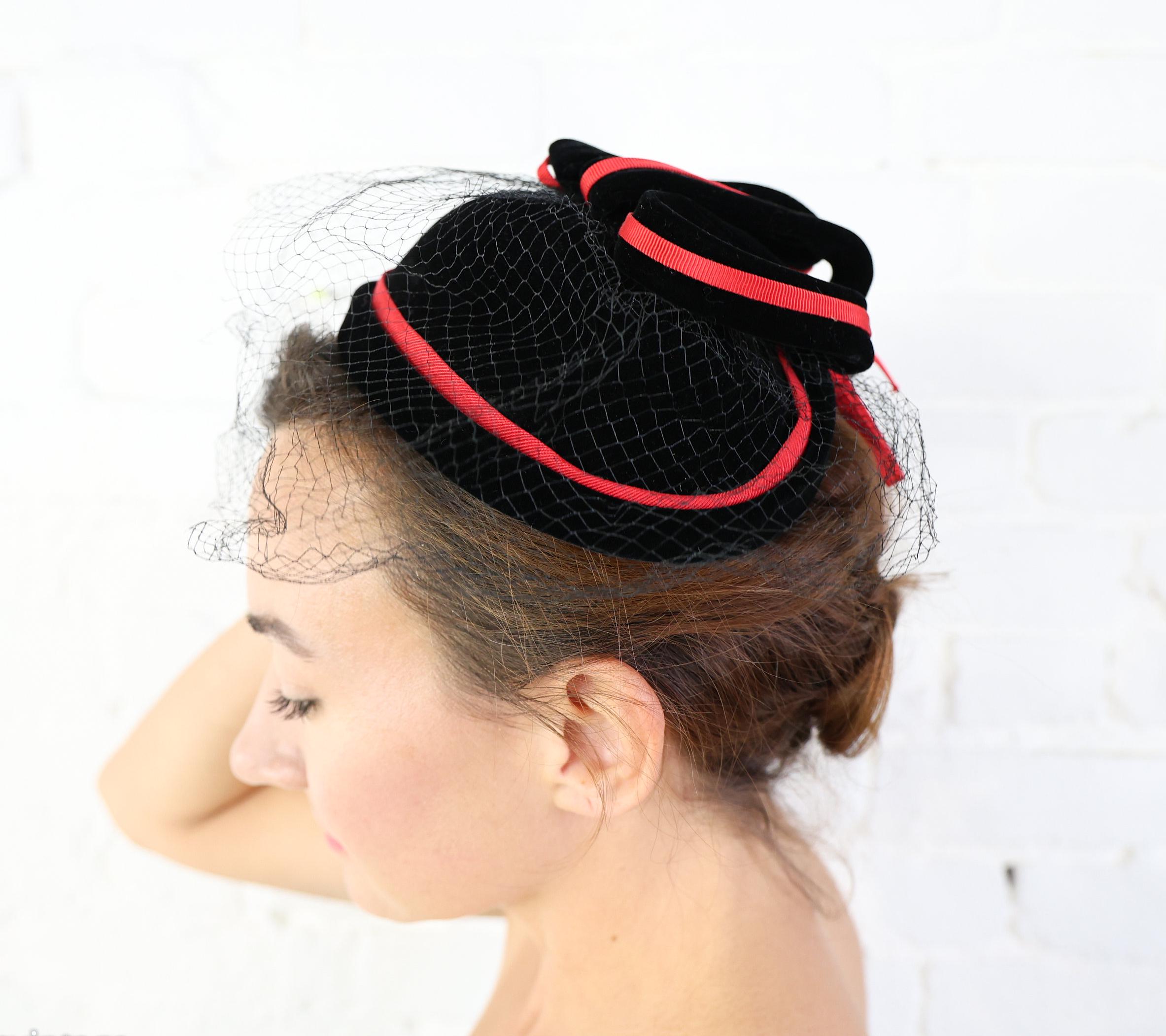1950s Black Velvet Cocktail Hat | Red Trim Fascinator - Etsy
