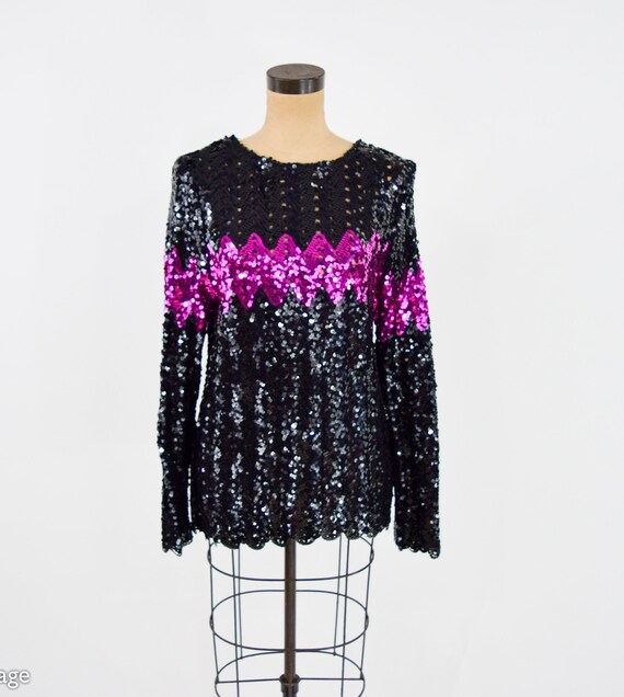 1980s Black Sequin Evening Sweater | 80s Black & … - image 2