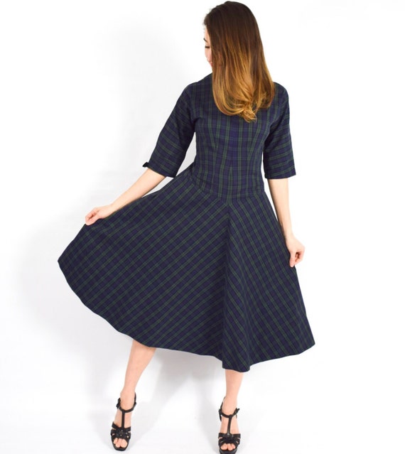 1950s Navy Plaid Cotton Dress | 50s Navy Blue Pla… - image 5