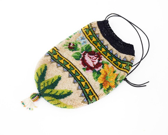 1900s Floral Beaded Handbag | Beaded Drawstring Ba