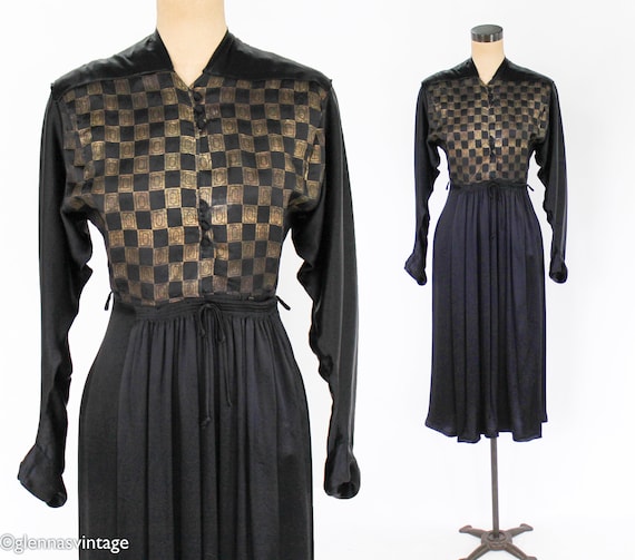 Tula | 1940s Gold & Black Silk Dress | 40s Black … - image 1
