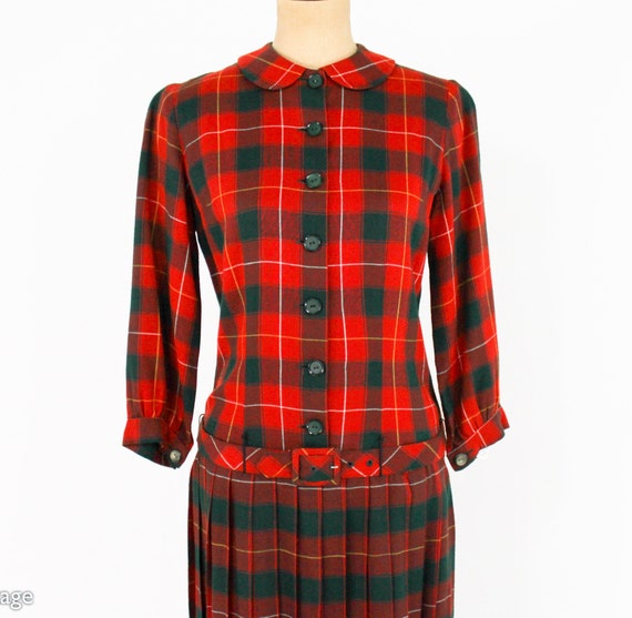 1960s Red Plaid Wool Dress | 60s Plaid Red & Gree… - image 7