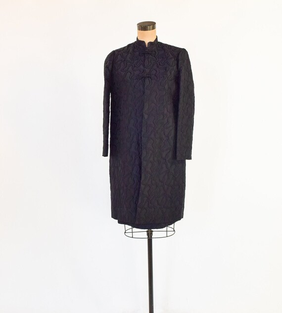 Minimalist 1960s Marty Modell Black Silk Jaquard Brocade Coat w Bow Detail