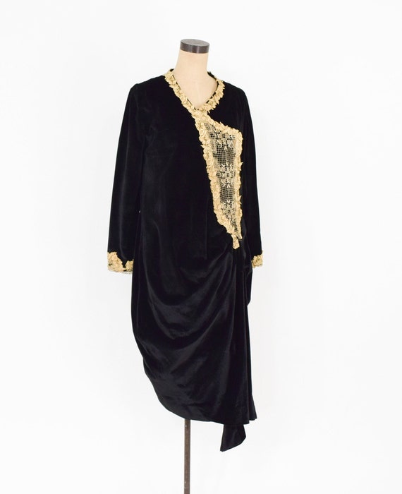 1920s Black Flapper Dress | 20s Black Cotton Velv… - image 3