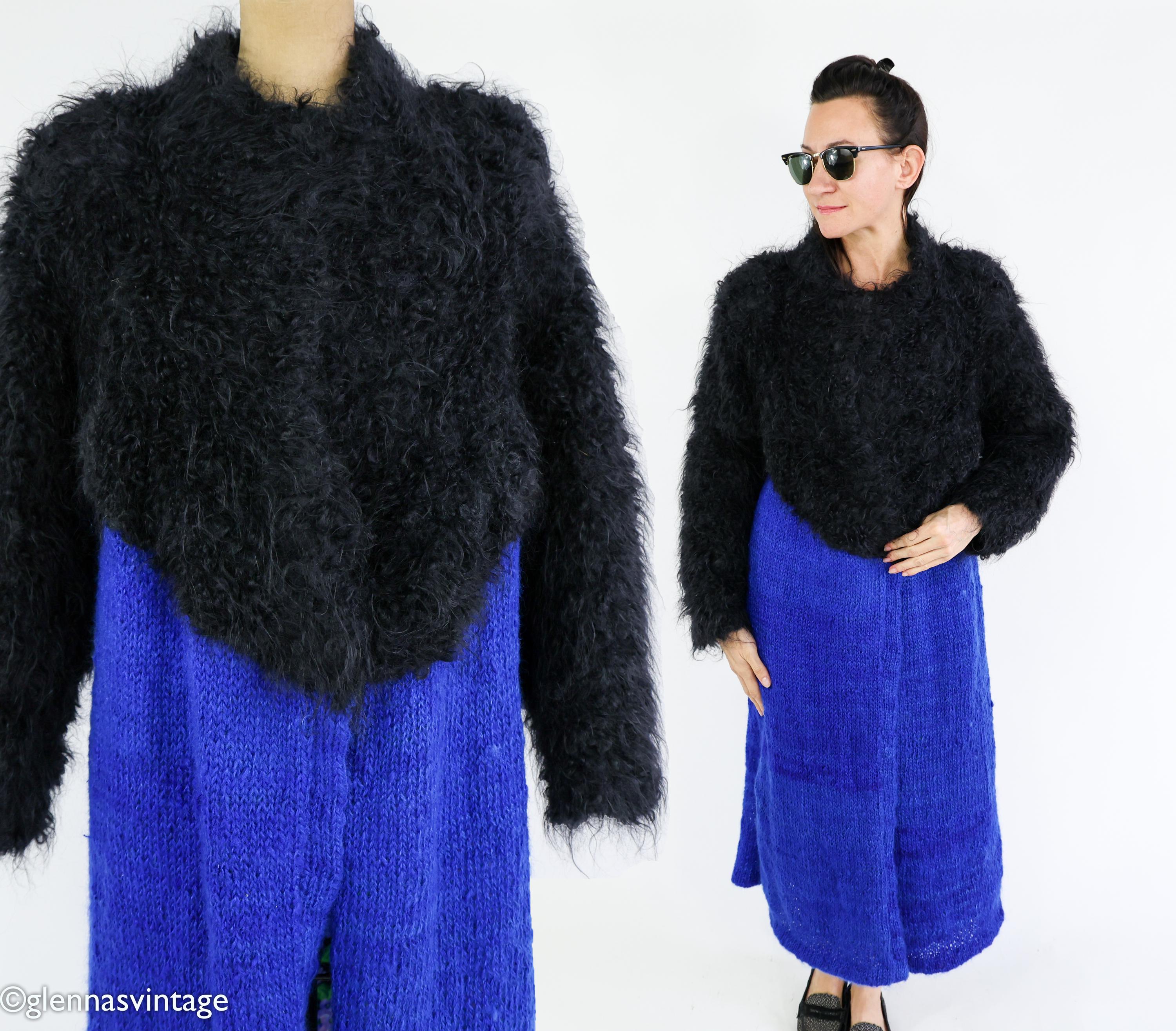 1980s Black Mohair Knit Coat | Vintage Royal Blue & Black Sweater