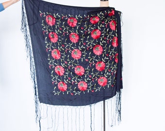 1910s Black Silk Piano Shawl | Vintage Black & Red Embroidery Scarf