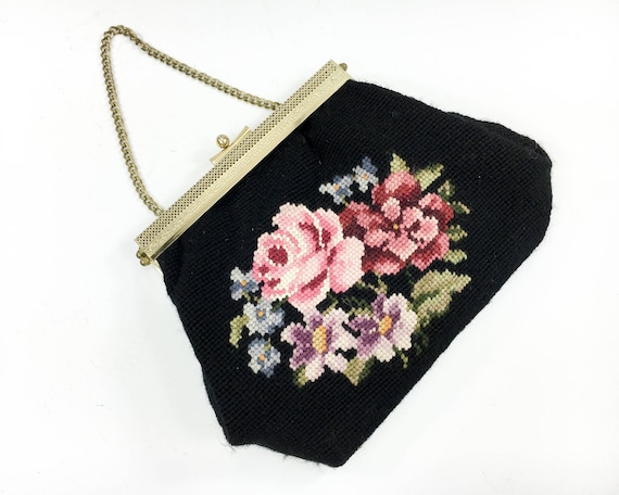 1950s Black Needlepoint Purse | 50s Black Floral N