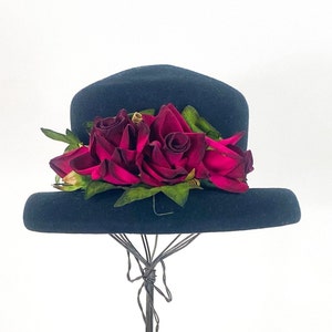 1990s Black Wool Hat 90s Black & Red Flower Hat STUDIO KOKKIN N.Y. image 1
