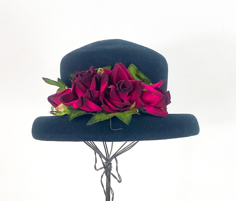 1990s Black Wool Hat 90s Black & Red Flower Hat STUDIO KOKKIN N.Y. image 1