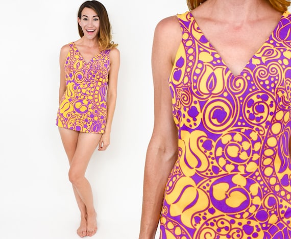1960s Yellow & Purple Bathing Suit | 60s Purple Pr