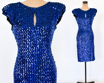 1980s Royal Blue Sequin Party Dress | 80s Blue Sequin Evening Dress | Medium