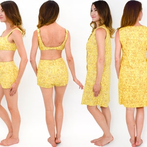 Jantzen 1950s Yellow Print Swimsuit Set 50s Yellow Cotton Bikini & Dress Jantzen Small image 5