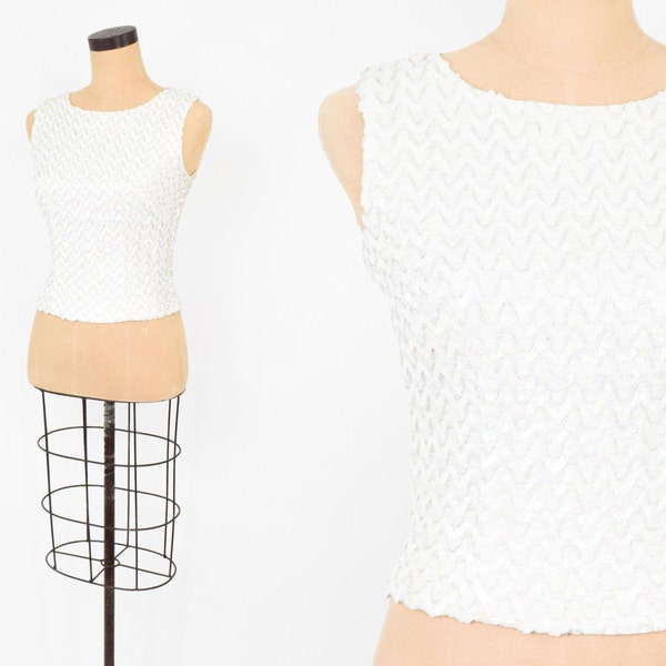 1950s White & Silver Sequin Top | 50s White Sleeveless Sequin Knit Top | Small