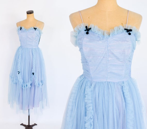 1950s Blue Tulle Party Dress | 50s Blue Tulle Even
