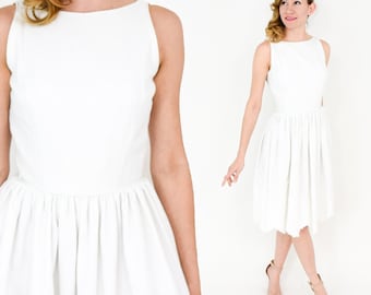 1950s White Sleeveless Cotton Dress | 50s White Eyelet Cotton Dress | Jonathan Logan | Small