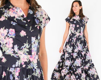 1940s Black Floral Print Evening Dress | 40s Black Flowered Sleeveless Hostess Gown | The Linzi Line | Small