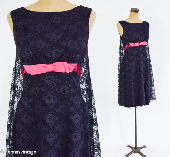 1960s Black Lace & Hot Pink Party Dress | 60s Bla… - image 1