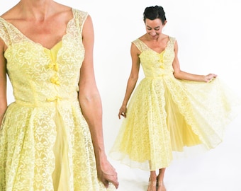 1940s Yellow Lace Evening Dress | Vintage Tulle Prom Dress, Extra Small