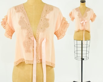 1930s French Lace Silk Bed Jacket | 30s Peach Silk & Lace Bed Jacket | Small