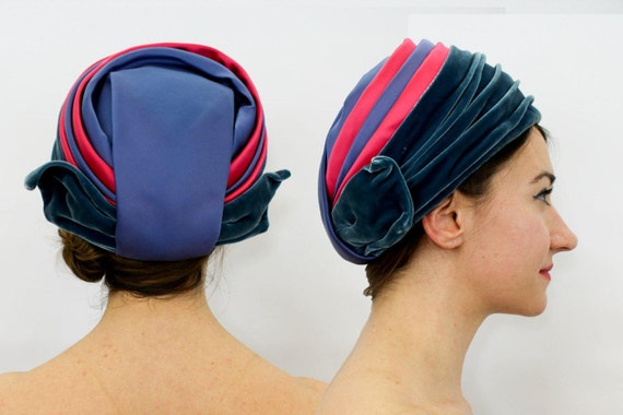 1950s Blue Velvet Turban | 50s Royal Blue & Magen