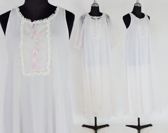 1950s White Long Peignoir Set | Vintage White Nylon Nightgown & Robe, Medium