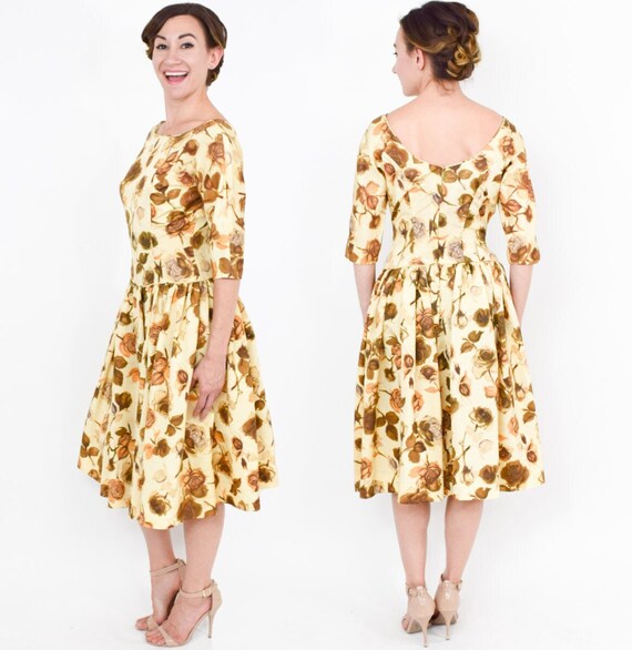 1950s Gold Floral Sateen Dress | 50s Yellow & Gol… - image 2