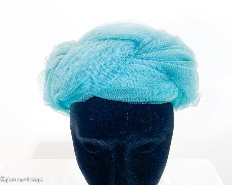 1960s Blue Tulle Hat Turquoise Blue Tulle Netting Hat Lonette image 7