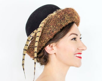 1960s Black Wool Feather Hat | 60s Black Wool & Brown Mohair Hat | Jackie O | Joan Leslie